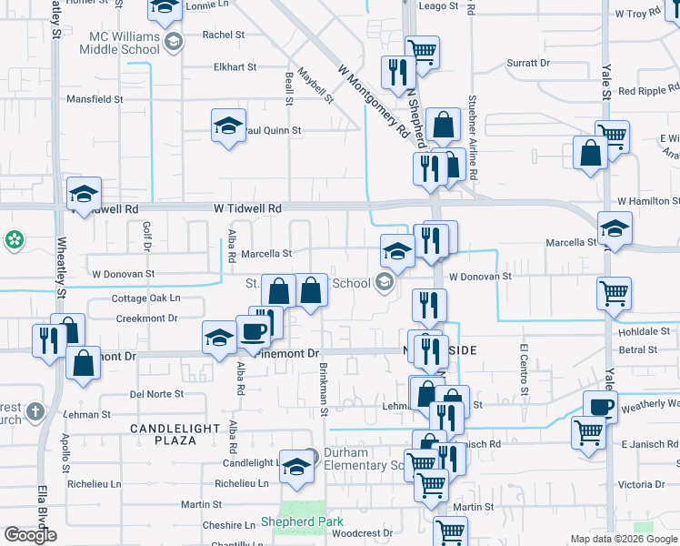 map of restaurants, bars, coffee shops, grocery stores, and more near 912 West Donovan Street in Houston