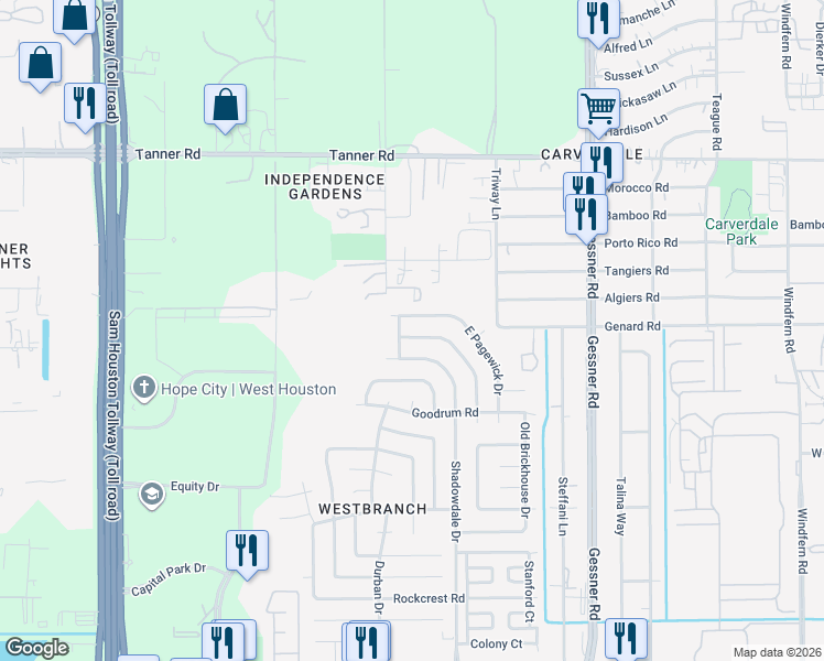 map of restaurants, bars, coffee shops, grocery stores, and more near 10435 North Fallen Bough Drive in Houston