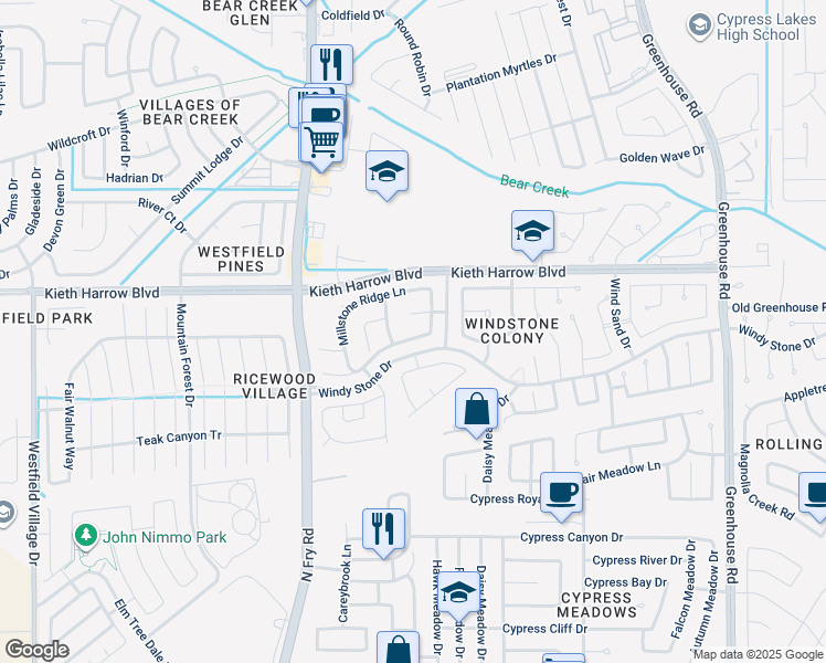 map of restaurants, bars, coffee shops, grocery stores, and more near 19727 Diamond Hills Lane in Katy