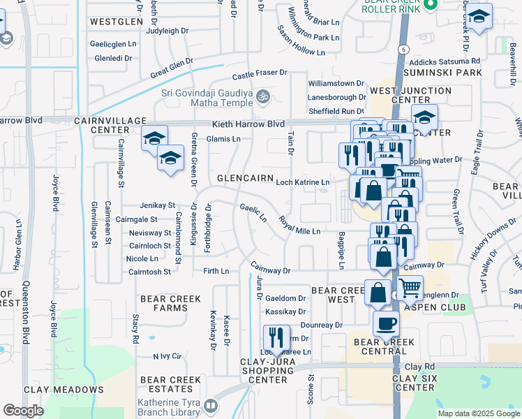 map of restaurants, bars, coffee shops, grocery stores, and more near 16642 Gaelic Lane in Houston