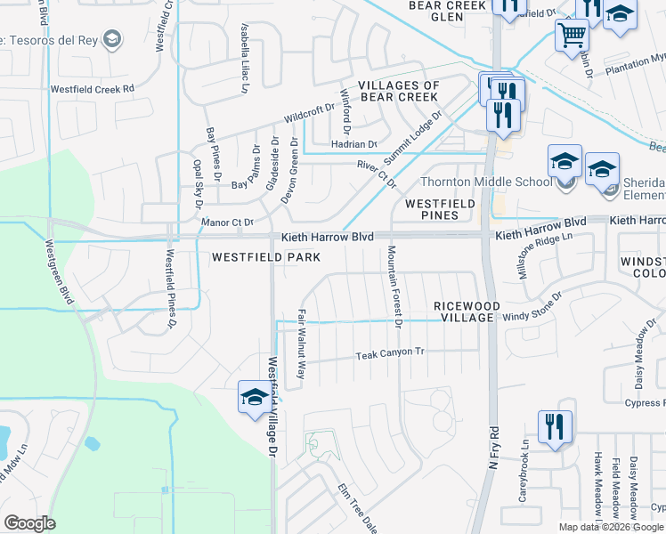 map of restaurants, bars, coffee shops, grocery stores, and more near 20622 Ricewood Village Trail in Katy