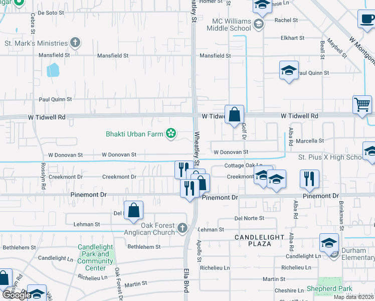 map of restaurants, bars, coffee shops, grocery stores, and more near 1219 West Donovan Street in Houston