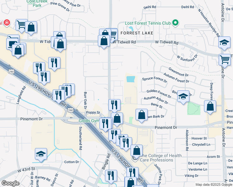 map of restaurants, bars, coffee shops, grocery stores, and more near 5436 Bingle Road in Houston