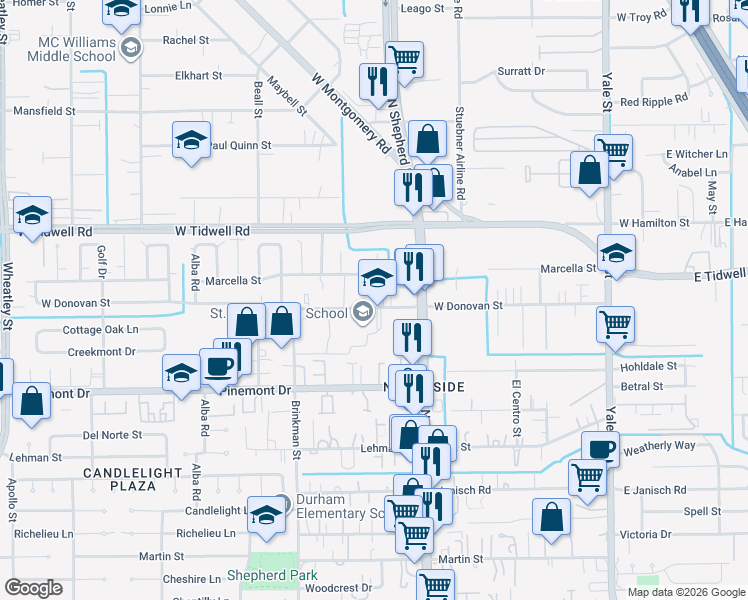 map of restaurants, bars, coffee shops, grocery stores, and more near 808 West Donovan Street in Houston