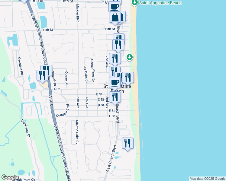 map of restaurants, bars, coffee shops, grocery stores, and more near 116 B Street in St. Augustine