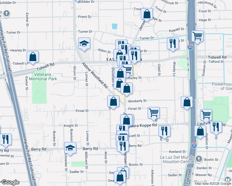 map of restaurants, bars, coffee shops, grocery stores, and more near 2602 Aldine Westfield Road in Houston