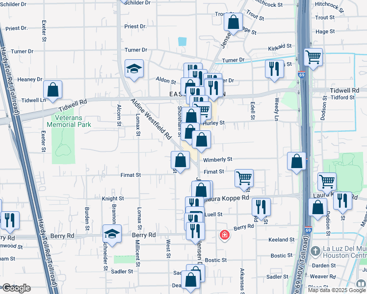 map of restaurants, bars, coffee shops, grocery stores, and more near 2602 Aldine Westfield Road in Houston