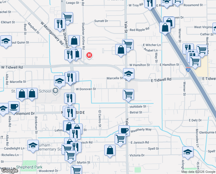 map of restaurants, bars, coffee shops, grocery stores, and more near 405 West Donovan Street in Houston