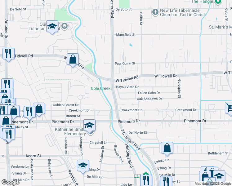 map of restaurants, bars, coffee shops, grocery stores, and more near 5419 Yorkdale Drive in Houston