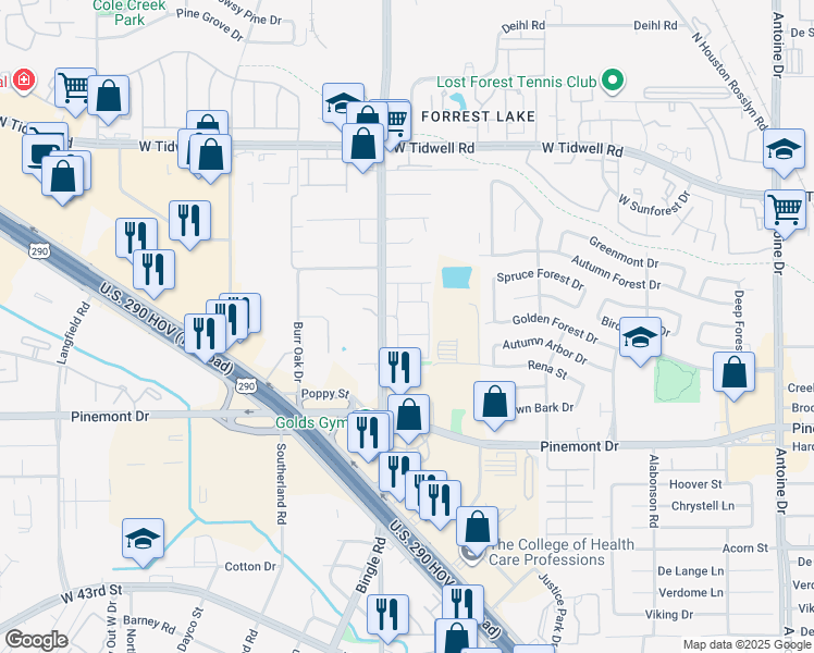 map of restaurants, bars, coffee shops, grocery stores, and more near 5436 Bingle Road in Houston
