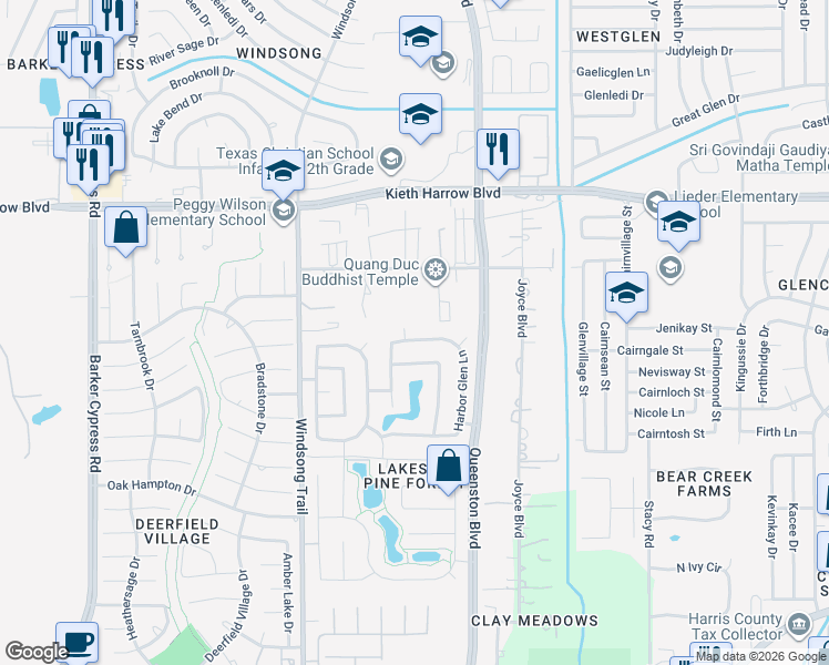 map of restaurants, bars, coffee shops, grocery stores, and more near 17735 Sunset River Lane in Houston