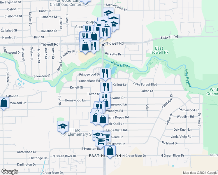 map of restaurants, bars, coffee shops, grocery stores, and more near 9119 Lake Park Drive in Houston