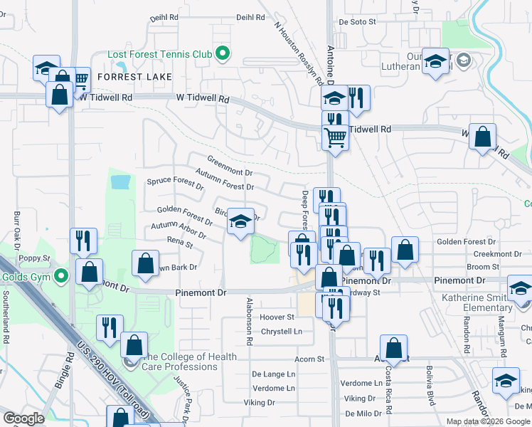 map of restaurants, bars, coffee shops, grocery stores, and more near 5901 Spruce Forest Drive in Houston