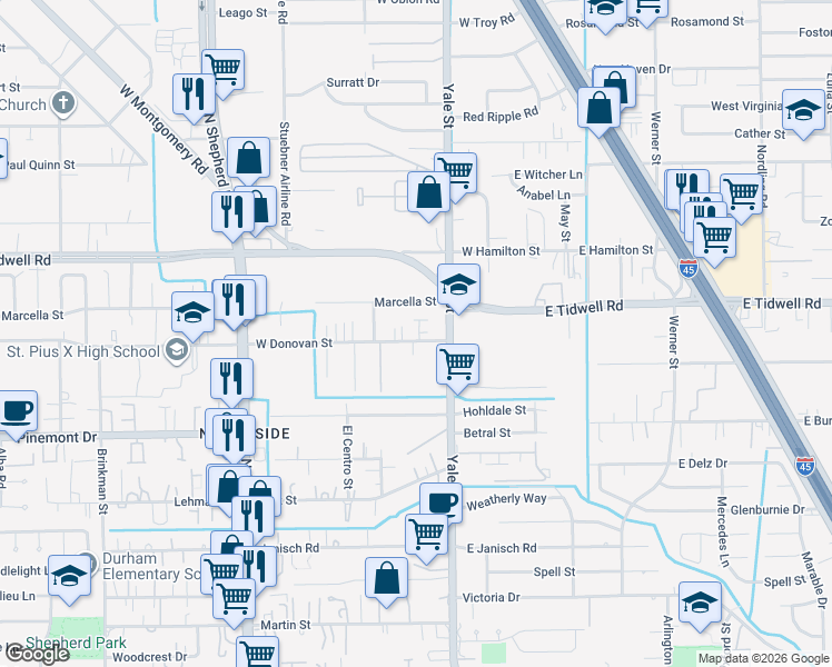 map of restaurants, bars, coffee shops, grocery stores, and more near 313 West Donovan Street in Houston