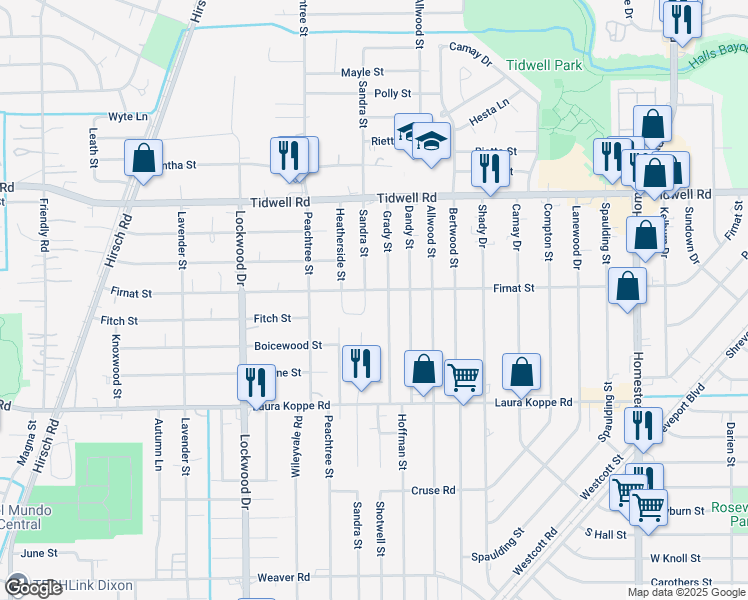 map of restaurants, bars, coffee shops, grocery stores, and more near 9105 Grady Street in Houston