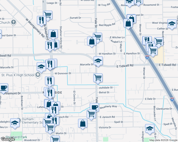 map of restaurants, bars, coffee shops, grocery stores, and more near 313 West Donovan Street in Houston