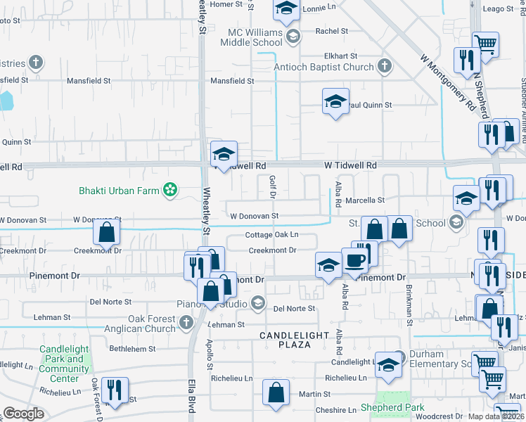 map of restaurants, bars, coffee shops, grocery stores, and more near 1115 West Donovan Street in Houston