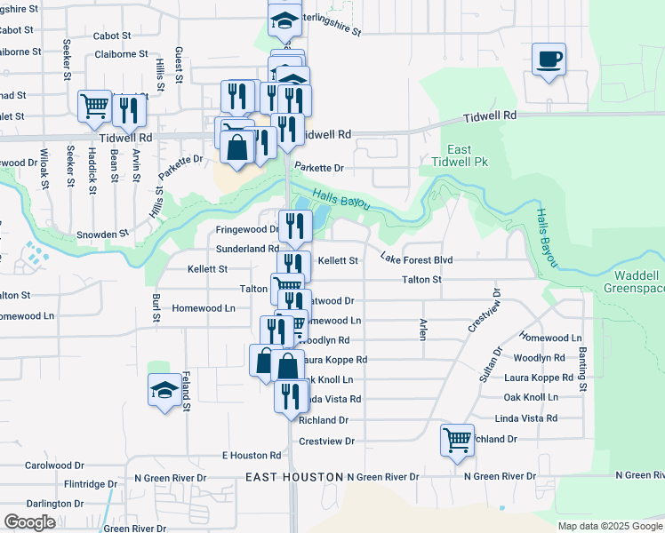 map of restaurants, bars, coffee shops, grocery stores, and more near 8836 Kellett Street in Houston
