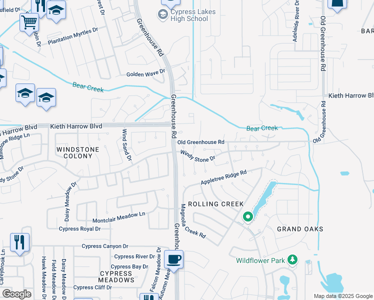map of restaurants, bars, coffee shops, grocery stores, and more near 19019 Windy Stone Drive in Houston