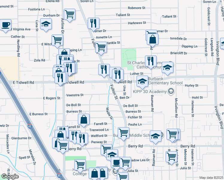 map of restaurants, bars, coffee shops, grocery stores, and more near 90 Veenstra Street in Houston