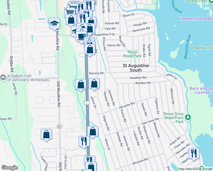 map of restaurants, bars, coffee shops, grocery stores, and more near 203 Gentian Road in St. Augustine