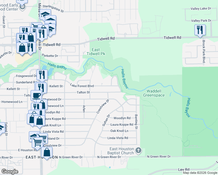 map of restaurants, bars, coffee shops, grocery stores, and more near 9329 Talton Street in Houston