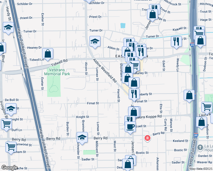 map of restaurants, bars, coffee shops, grocery stores, and more near 2412 Hector Street in Houston