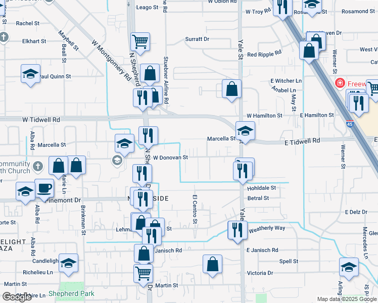 map of restaurants, bars, coffee shops, grocery stores, and more near 581 West Donovan Street in Houston