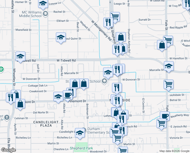 map of restaurants, bars, coffee shops, grocery stores, and more near 912 West Donovan Street in Houston