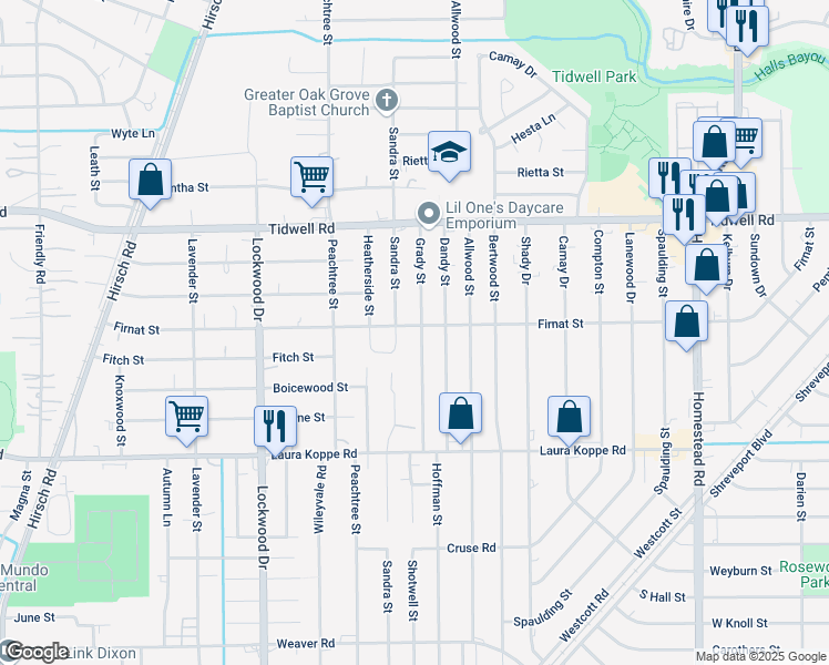 map of restaurants, bars, coffee shops, grocery stores, and more near 9105 Grady Street in Houston