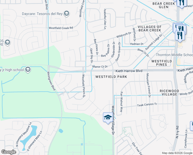 map of restaurants, bars, coffee shops, grocery stores, and more near 4911 Harrow Ranch Court in Katy