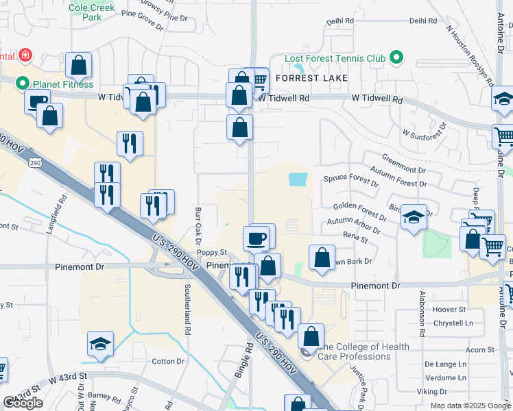 map of restaurants, bars, coffee shops, grocery stores, and more near 5436 Bingle Road in Houston
