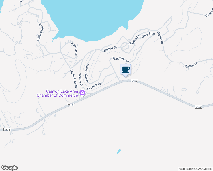 map of restaurants, bars, coffee shops, grocery stores, and more near 3660 Farm to Market Road 2673 in Canyon Lake