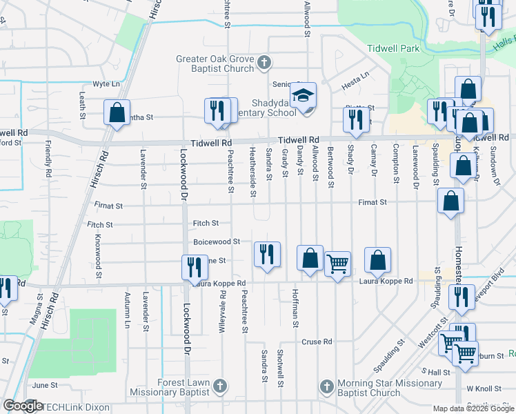 map of restaurants, bars, coffee shops, grocery stores, and more near 9106 Heatherside Street in Houston