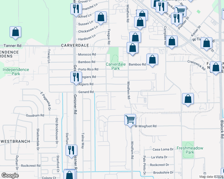 map of restaurants, bars, coffee shops, grocery stores, and more near 9929 Genard Road in Houston