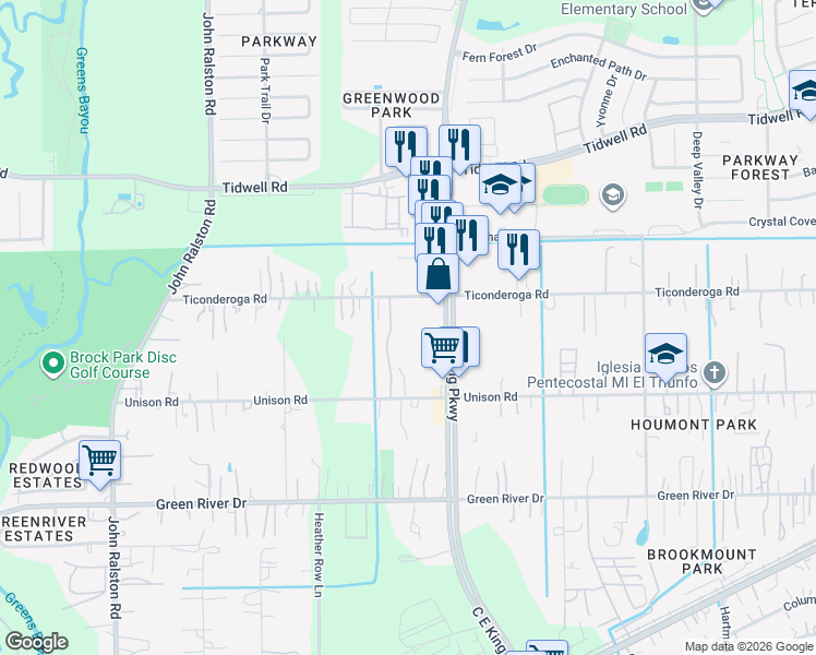 map of restaurants, bars, coffee shops, grocery stores, and more near 12302 Ticonderoga Road in Houston