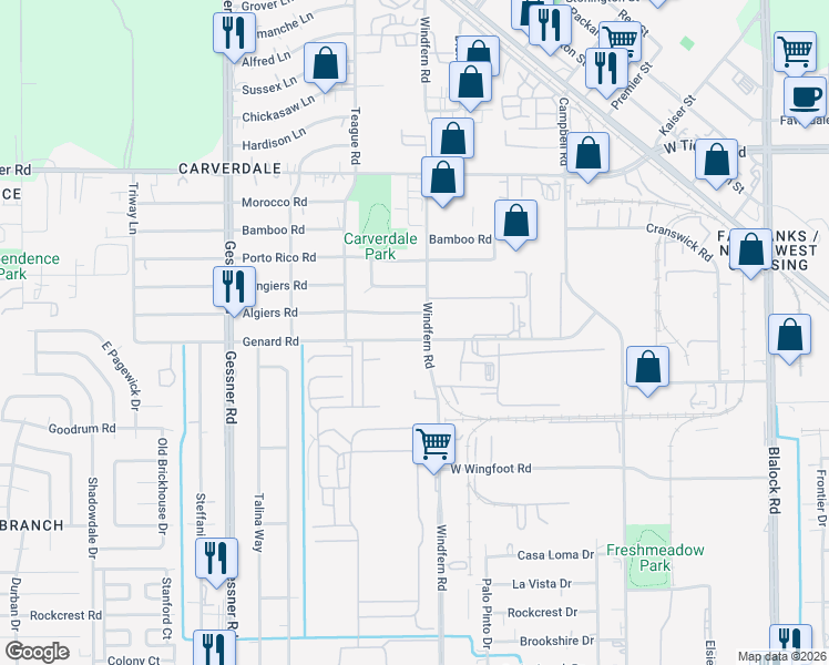 map of restaurants, bars, coffee shops, grocery stores, and more near 9910 Algiers Road in Houston