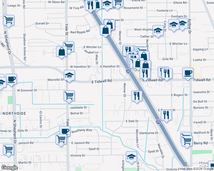 map of restaurants, bars, coffee shops, grocery stores, and more near 304 East Tidwell Road in Houston