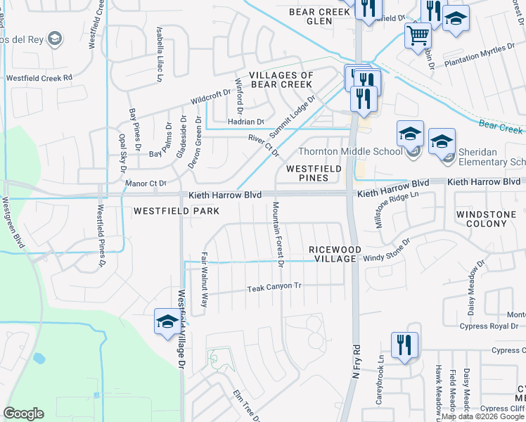 map of restaurants, bars, coffee shops, grocery stores, and more near 5134 Lamppost Hill Court in Katy
