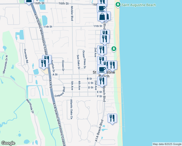 map of restaurants, bars, coffee shops, grocery stores, and more near 216 1st Street in St. Augustine