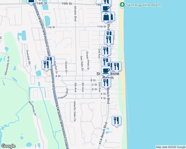 map of restaurants, bars, coffee shops, grocery stores, and more near 216 1st Street in St. Augustine