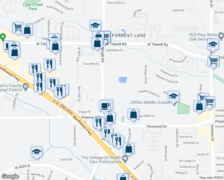 map of restaurants, bars, coffee shops, grocery stores, and more near 6623 Grovecrest Street in Houston