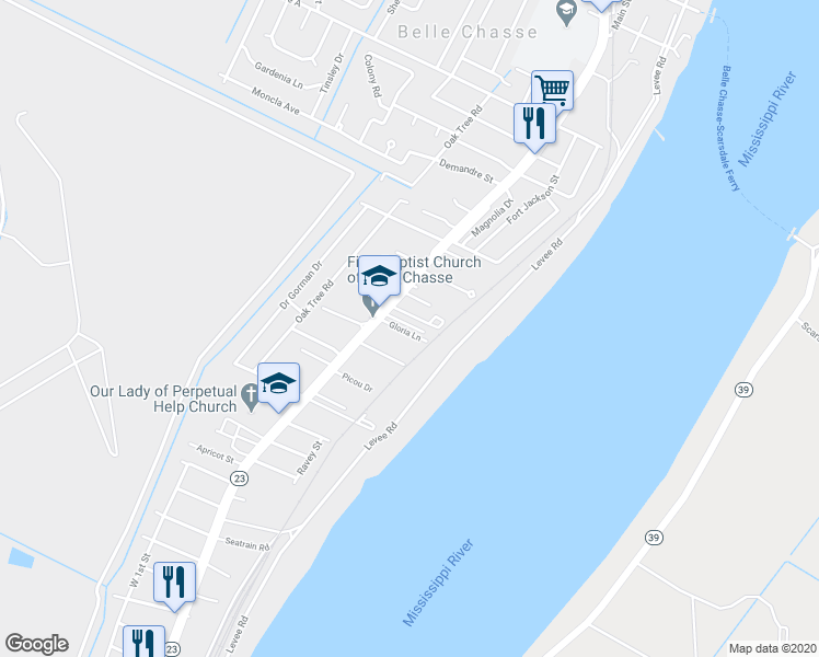map of restaurants, bars, coffee shops, grocery stores, and more near 130 Tall Pines Lane in Belle Chasse