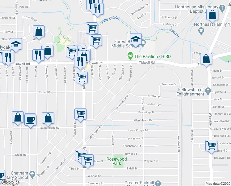 map of restaurants, bars, coffee shops, grocery stores, and more near 9203 Sherbourne Street in Houston