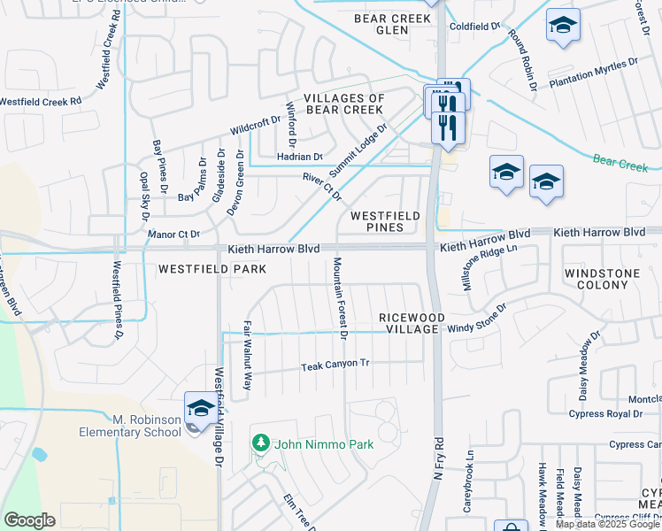 map of restaurants, bars, coffee shops, grocery stores, and more near 5134 Lamppost Hill Court in Katy