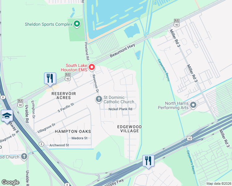 map of restaurants, bars, coffee shops, grocery stores, and more near 14610 Ruddy Duck Lane in Houston