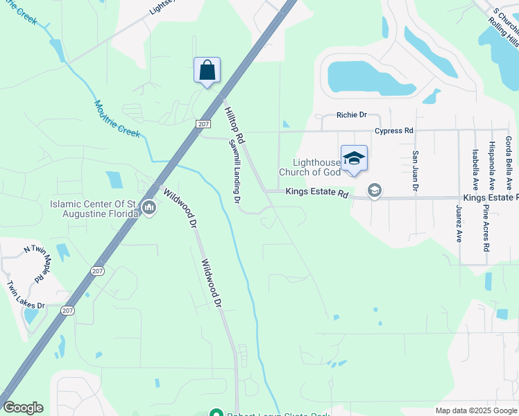 map of restaurants, bars, coffee shops, grocery stores, and more near 2705 Hilltop Road in St. Augustine