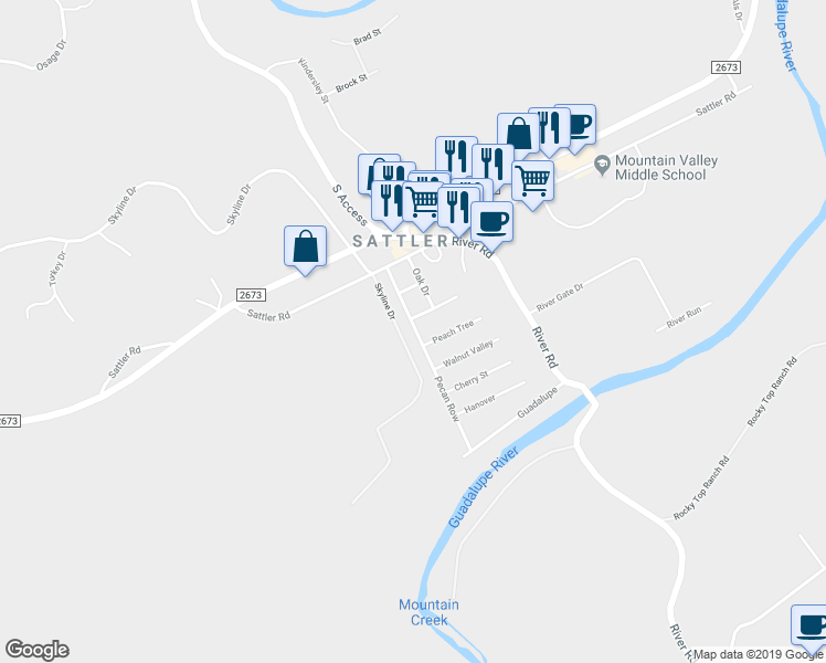 map of restaurants, bars, coffee shops, grocery stores, and more near 334 Pecan Row in New Braunfels