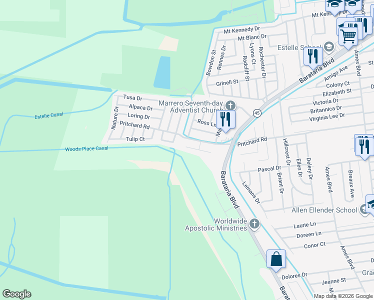map of restaurants, bars, coffee shops, grocery stores, and more near 5140 Pritchard Road in Marrero