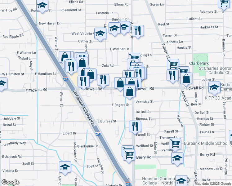 map of restaurants, bars, coffee shops, grocery stores, and more near 822 Tidwell Road in Houston
